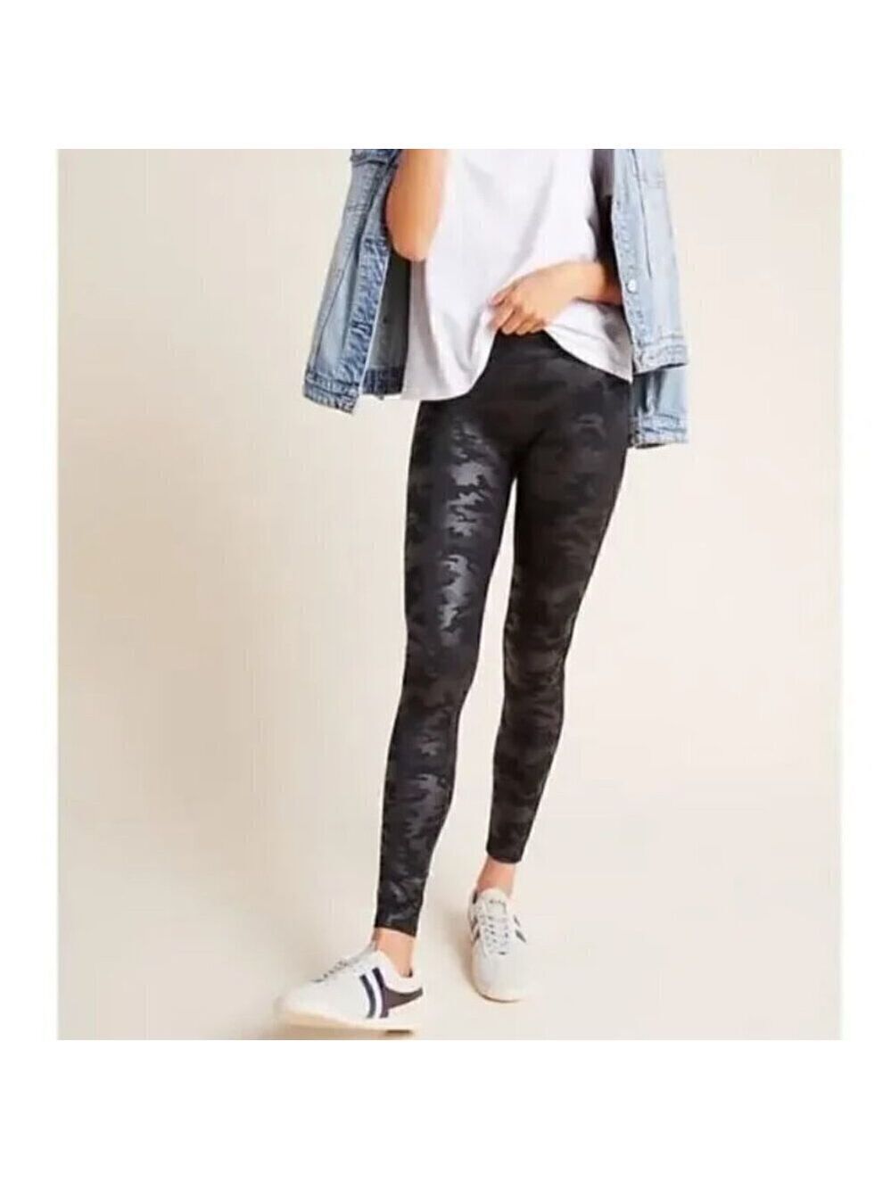 Spanx Black Metallic Camo Faux Leather Matte Leggings Size XS